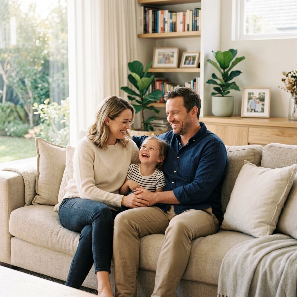 Happy family in living room